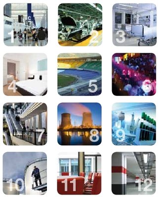 Die Einsatzgebiete: 1 Flughäfen · 2 Automobilindustrie · </p>
<p>3 Krankenhäuser · 4 Hotels · 5 Arenen · 6 Diskotheken · </p>
<p>7 Einkaufscenter · 8 Kraftwerke · 9 Labore · 10 Raffinerien· 11 Veranstaltungsräume · 12 Tiefgaragen</p>
<p>
